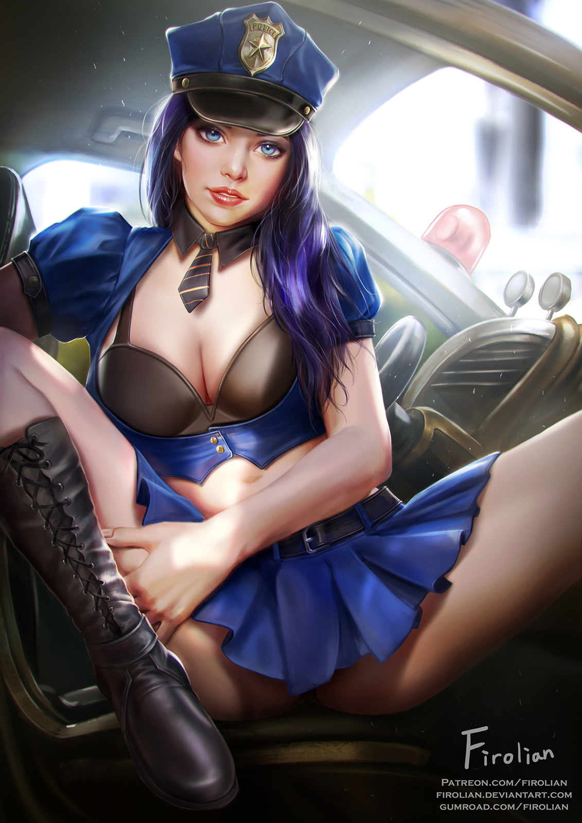 1girls, artist name, belly, beltskirt, blue eyes, blue hair, blue skirt, boots, bra, breasts, caitlyn kiramman, cap, car, cleavage, covered breasts, female, female only, firolian, hat, high resolution, hips, large breasts, league of legends, legs, lips, long hair, looking at viewer, midriff, motor vehicle, necktie, officer caitlyn, police, police car, police hat, police uniform, policewoman, shoes, skirt, solo, spread legs, thighs, underwear, uniform, vehicle, web address