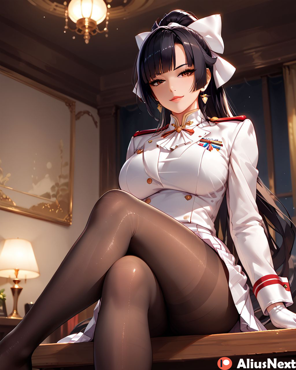 1girls ai_generated aliusnext azur_lane black_hair crossed_legs feet female footwear high_quality high_resolution highres legwear long_hair pantyhose patreon ponytail seductive seductive_look stockings tagme takao_(azur_lane) takao_(kantai_collection) taller_girl thong uniform yellow_eyes