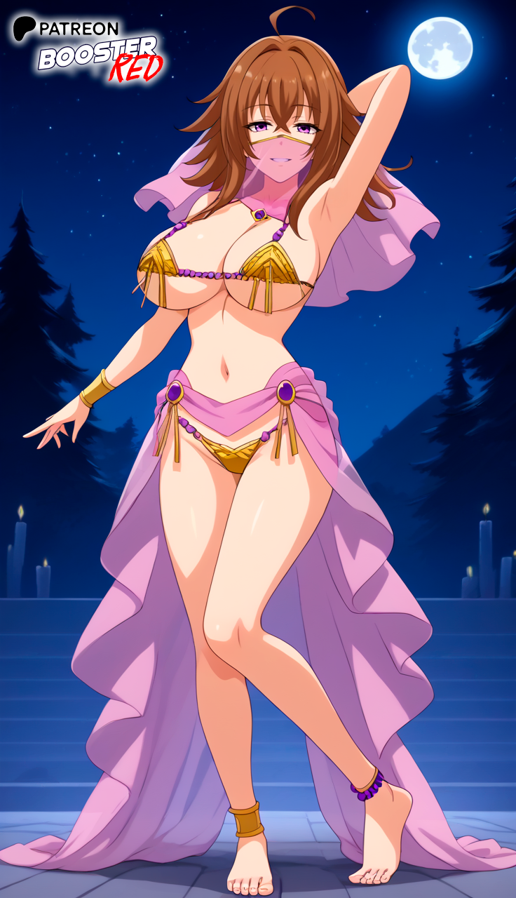 ahoge ai_generated alternate_costume bare_shoulders belly_dancer bikini boosterred99 brown_hair dancer dancer_outfit feet female full_body golden_bikini hair_between_eyes harem harem_girl harem_jewelry harem_outfit high_school_dxd highleg large_breasts legs medium_hair micro_bikini mouth_veil naughty_face night pony_diffusion_xl purple_eyes standing veil venelana_gremory waist_veil wide_hips