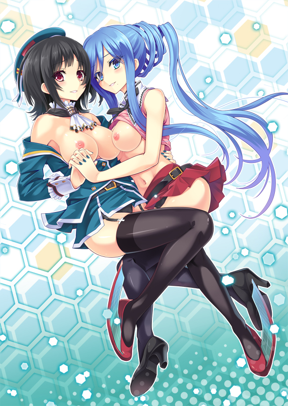 2girls aoki_hagane_no_arpeggio arm_around_waist belt beret black_hair black_legwear black_panties blue_eyes blue_hair blush breasts clothing collar crossover full_body garter_straps hat hexagon high_heels holding_hands honeycomb_(pattern) honeycomb_background interlocked_fingers kantai_collection large_breasts long_hair midriff miniskirt mole mole_under_mouth multiple_girls nail_polish namesake navel neckerchief nipples open_clothes panties parted_lips pleated_skirt ponytail red_eyes shirt_lift shoes sidelocks skirt stockings takao_(aoki_hagane_no_arpeggio) takao_(kantai_collection) thighhighs tied_hair underwear urabi_(tomatohouse) very_long_hair wrist_cuffs