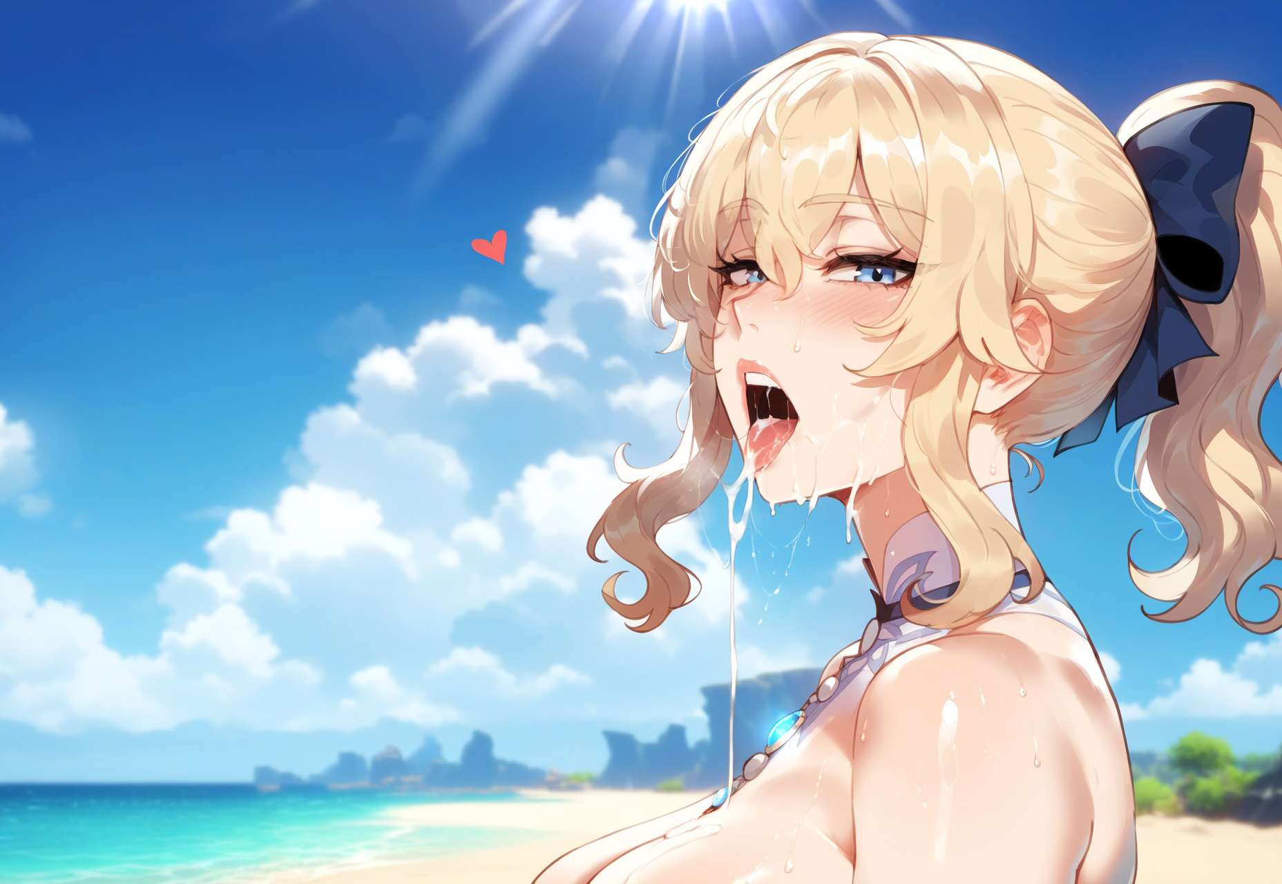 1girls, ai generated, areolae, bangs, bare shoulders, beach, blonde hair, blue eyes, blue sky, blush, bow, breasts, clavicle, cleavage, clothing, cloud, cum, cum in mouth, cum on face, cumdrip, curvaceous, curvaceous female, curvaceous figure, curvy, curvy figure, day, eyebrows visible through hair, facial, female, female focus, female only, genshin impact, hair between eyes, hair ornament, hair ribbon, hairbow, half-closed eyes, heart, jean gunnhildr, jean gunnhildr (sea breeze dandelion), jewelry, large breasts, long hair, looking at viewer, miyuai, nipples, nude, ocean, open mouth, outdoors, ponytail, ribbon, saliva, sand, semen, semen in mouth, semen on body, semen on breasts, semen on chest, semen on upper body, sidelocks, sky, smile, solo, solo focus, sweat, swimsuit, tied hair, tongue, tongue out, upper body, voluptuous, voluptuous female, water, wet