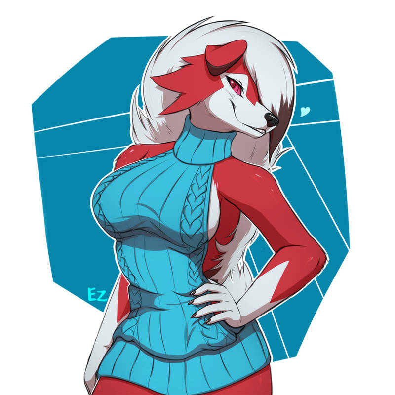 1girls anthro anthro_only big_breasts blue_sweater breasts eternity-zinogre furry furry_female furry_only hand_on_hip looking_at_viewer lycanroc midnight_lycanroc multicolored_fur nintendo pokemon pokemon_(species) pokemon_sm red_eyes red_fur ribbed_sweater sweater virgin_killer_sweater white_fur