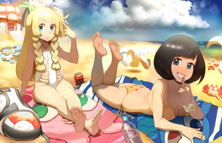 2girls alternate_eye_color ambiguous_gender ass back bag bare_shoulders beach big_breasts bikini black_hair blonde_hair blue_eyes blush bottle bra bracelet braids breasts can cleavage day dragon dratini eyelashes feet human human_only idlecil krabby lillie_(pokemon) long_hair looking_at_viewer middle_finger multiple_girls nintendo outdoors outside panties piplup pokemon pokemon_(species) pokemon_sm sand scalie selene_(pokemon) short_hair sitting sky small_breasts soles squirtle swimsuit teeth toes towel water wingull z-ring