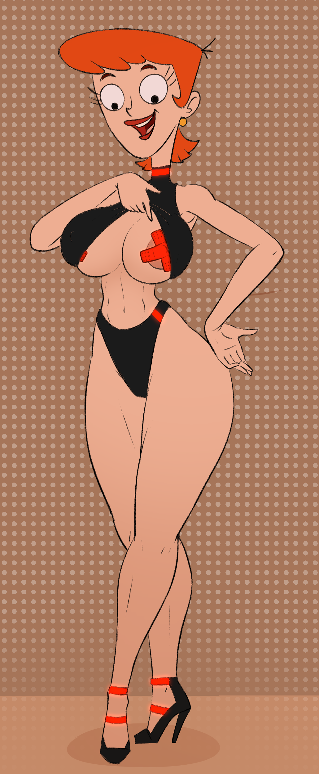 band-aid band-aid_on_nipple belly breasts breasts_out cartoon_network child_bearing_hips color curvy dexter's_laboratory dexter's_mom diklonius female flashing_breasts high_heels huge_breasts mature_female milf mother red_hair red_lipstick short_hair sketch swimsuit thick_thighs voluptuous wide_hips