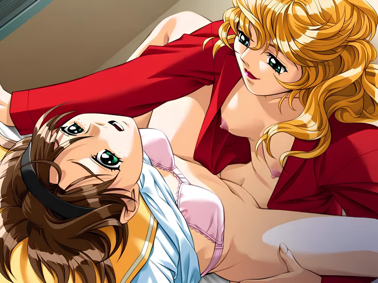 age_difference ai_shimai_~futari_no_kajutsu~ bare_belly bare_legs bare_thighs bed bed_sheet belly_button blonde_hair bra breasts breasts_out brown_hair closed_mouth clothes_lift game_cg green_eyes hairband indoors kitazawa_tomoko lipstick long_hair lying medium_breasts nipples no_bra no_panties official_art okamoto_yumi open_mouth open_shirt pink_bra red_shirt school_uniform short_hair small_breasts smile spread_legs takei_masaki thighs tribadism underwear yuri