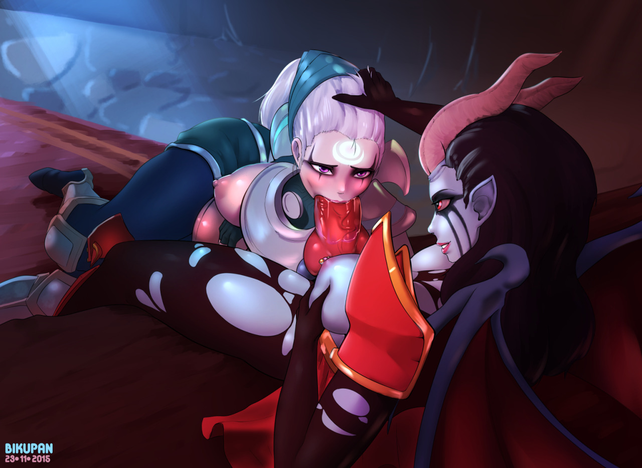 :>=, armor, bikupan, bleeding mascara, blue skin, demon, demon eyes, diana (league of legends), dota 2, fellatio, female, footwear, futa on female, futa with female, futanari, greaves, hand on another's head, handwear, horns, intersex, knot, laid back, league of legends, mascara, mascara tears, mouthful, oral, pointy ears, puffy areola, queen of pain, runny makeup, sitting, succubus, torn legwear, torn stockings, white hair, wings