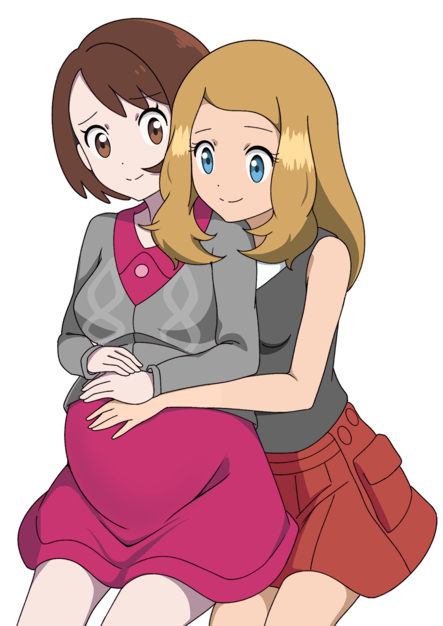 2girls, blonde hair, breasts, brown hair, dress, female, gloria (pokemon), hand on another's stomach, hand on belly, hand on own belly, long hair, medium breasts, mnkr98, pokemon, pokemon ss, pokemon xy, pregnancy, pregnant, pregnant belly, ready to pop, serena (pokemon), short hair, smile, wholesome, yuri