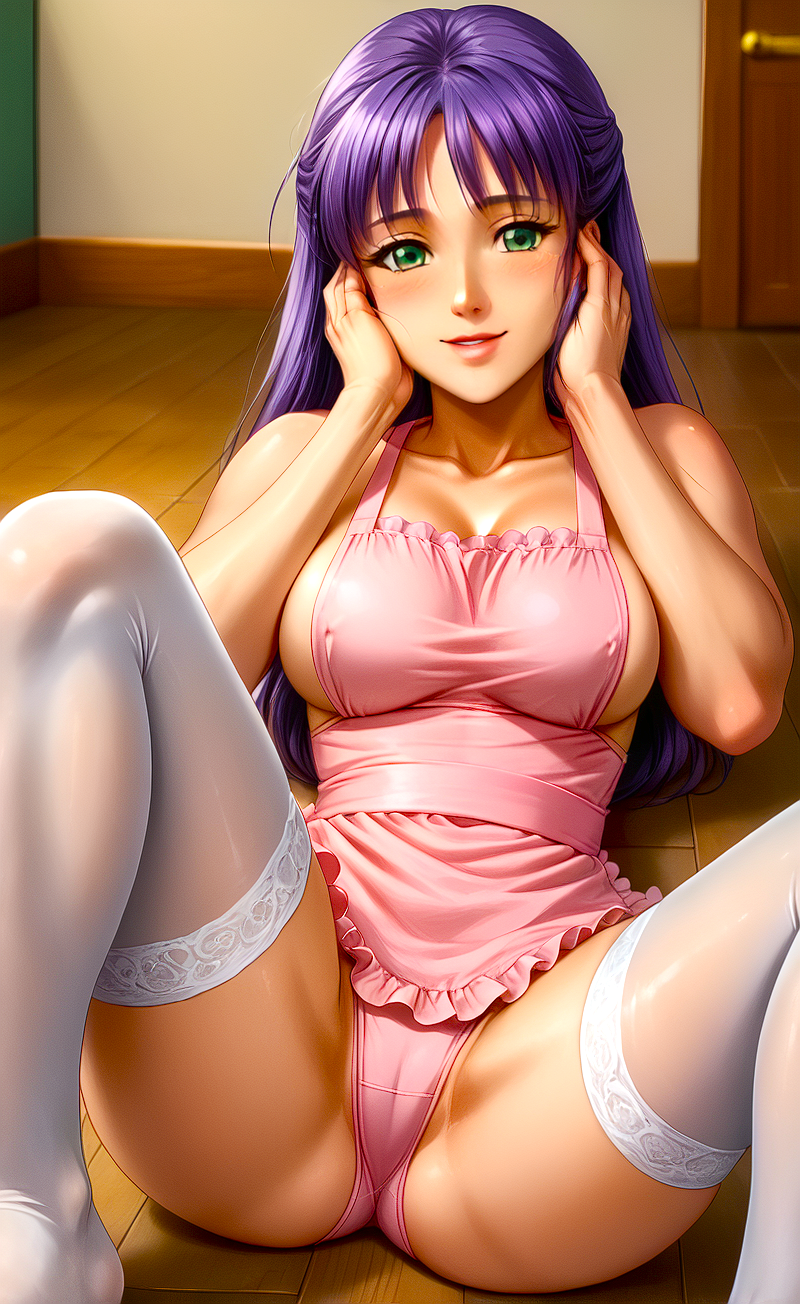 1girls ai_generated anime apron breasts curvy curvy_figure female green_eyes green_eyes_female hands_on_cheeks high_school high_school_student himenogi_shizuka inviting_to_fuck kitchen laying_down laying_on_ground looking_at_viewer panties pink_apron pink_panties pleasure_face purple_hair revealing_clothes seductive shin_angel smile spread_legs stable_diffusion stockings temptation thick_thighs thighhighs thirsty toongenai white_stockings wood wooden_floor