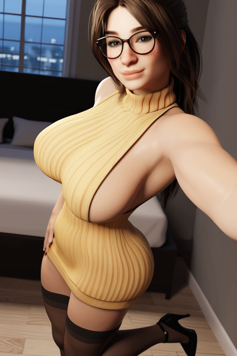 3d 3d_(artwork) ai ai_generated bedroom big_ass big_breasts brown_hair brown_hair brunette_hair busty female freckles glasses half_updo high_heels hispanic latina long_hair nicole(oc) perfect_body radnsad sleeveless solo solo_female solo_focus sweater sweater_dress thick thick_ass thick_legs thick_thighs thighhighs turtleneck