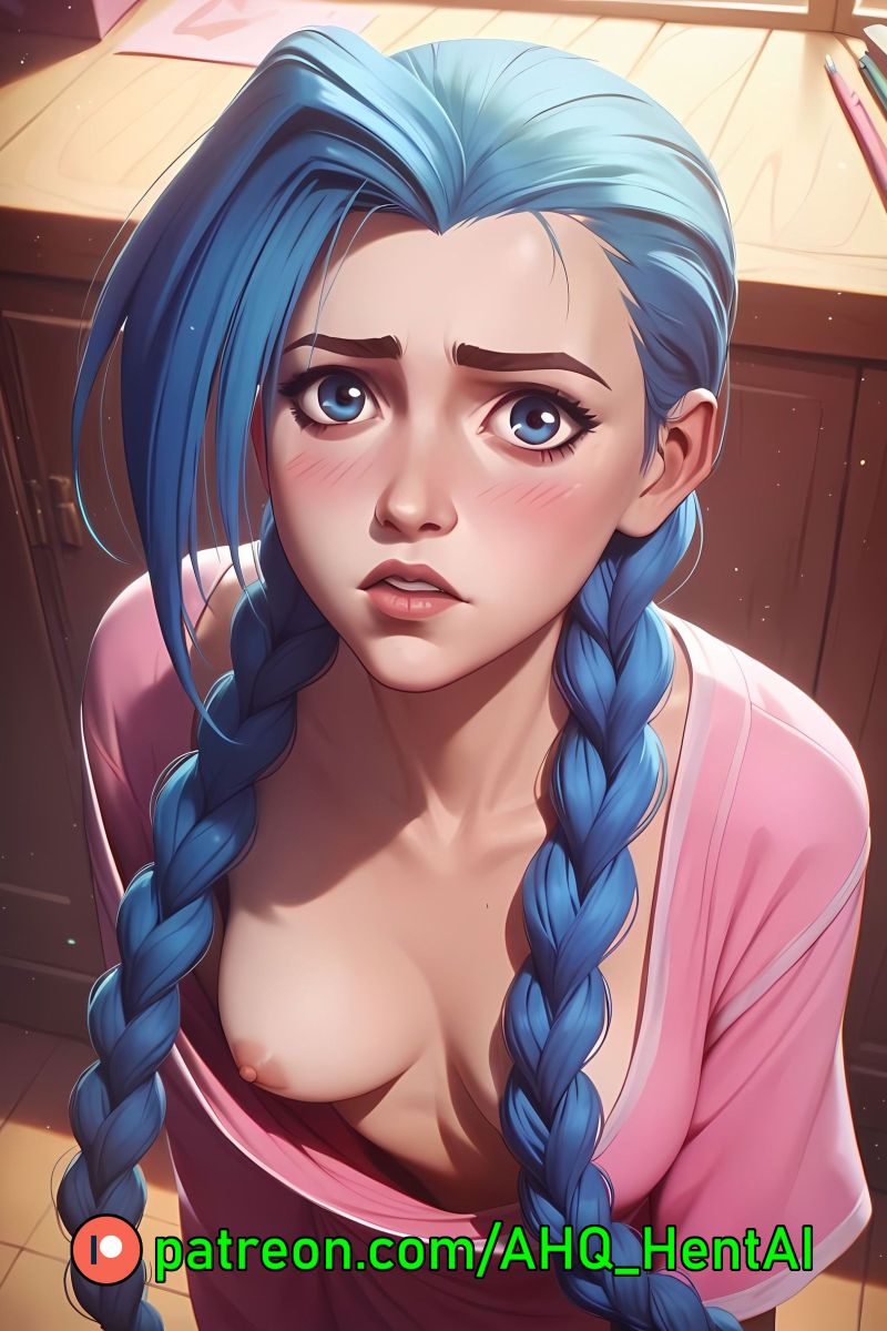 1girls ahq_hentai ai_generated arcane arcane_jinx blue_hair blush breasts exposed_breasts jinx_(league_of_legends) league_of_legends nipples nsfw pajamas pink_eyes shy solo_female stable_diffusion