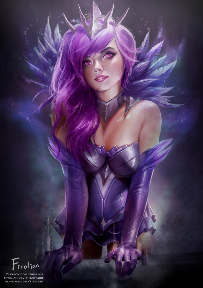1girls, artist name, breasts, choker, cleavage, corset, crown, curvy, elbow gloves, elementalist lux, elementalist lux dark, fairy, female, female only, firolian, gloves, highres, human, jewelry, league of legends, long hair, luxanna crownguard, makeup, medium breasts, miniskirt, pink eyes, purple clothing, purple gloves, purple hair, signature, skirt, solo