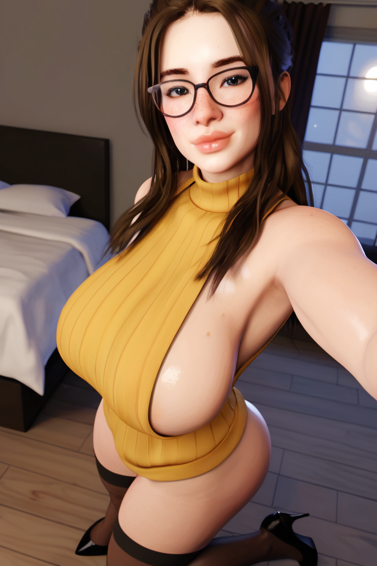 3d 3d_(artwork) ai ai_generated bedroom big_ass big_breasts brown_hair brown_hair brunette_hair busty female freckles glasses half_updo high_heels hispanic latina long_hair nicole(oc) perfect_body radnsad sleeveless solo solo_female solo_focus sweater sweater_dress thick thick_ass thick_legs thick_thighs thighhighs turtleneck