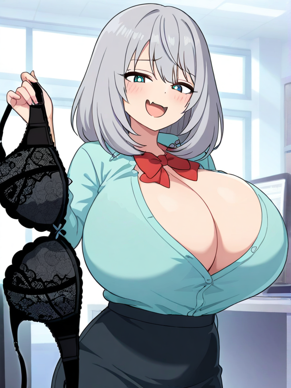 ai_generated blue_cardigan blue_eyes bra female female huge_breasts office office_lady shoulder_length_hair silver_hair tejina_senpai tejina_senpai_(character) tejina_senpai_(series)