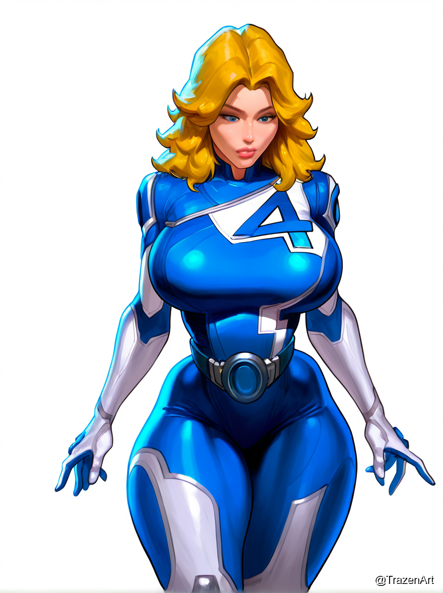 ai generated, blonde female, blonde hair, bodysuit, breasts, female, invisible woman, invisible woman (marvel rivals), large breasts, marvel, marvel comics, marvel rivals, sue storm, thick thighs, trazenart, wide hips