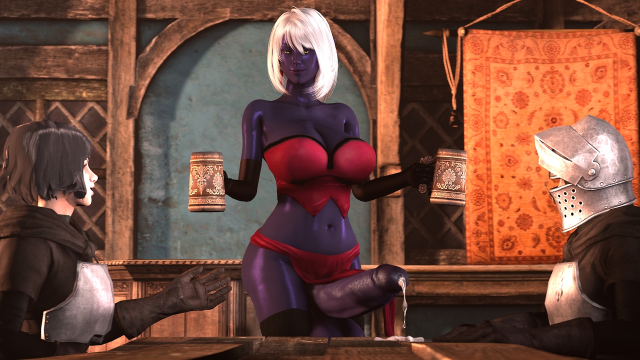 3d, balls, breasts, cleavage, cum, dark elf, dark skin, dark-skinned female, dickgirl, elf, elf female, erection, fallen throne, female, futanari, huge cock, humanoid, intersex, large breasts, penis, precum, queen nualia, rattledbonezone, source filmmaker, testicles, white hair
