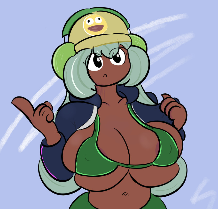 1girls, big breasts, bikini top, blue hair, breasts, breasts out, cleavage, dolly dimpley, female, female only, hat, headphones, krysfae, large breasts, navel, open jacket, open shirt, removing clothing, removing jacket, removing shirt, smiling friends, tagme