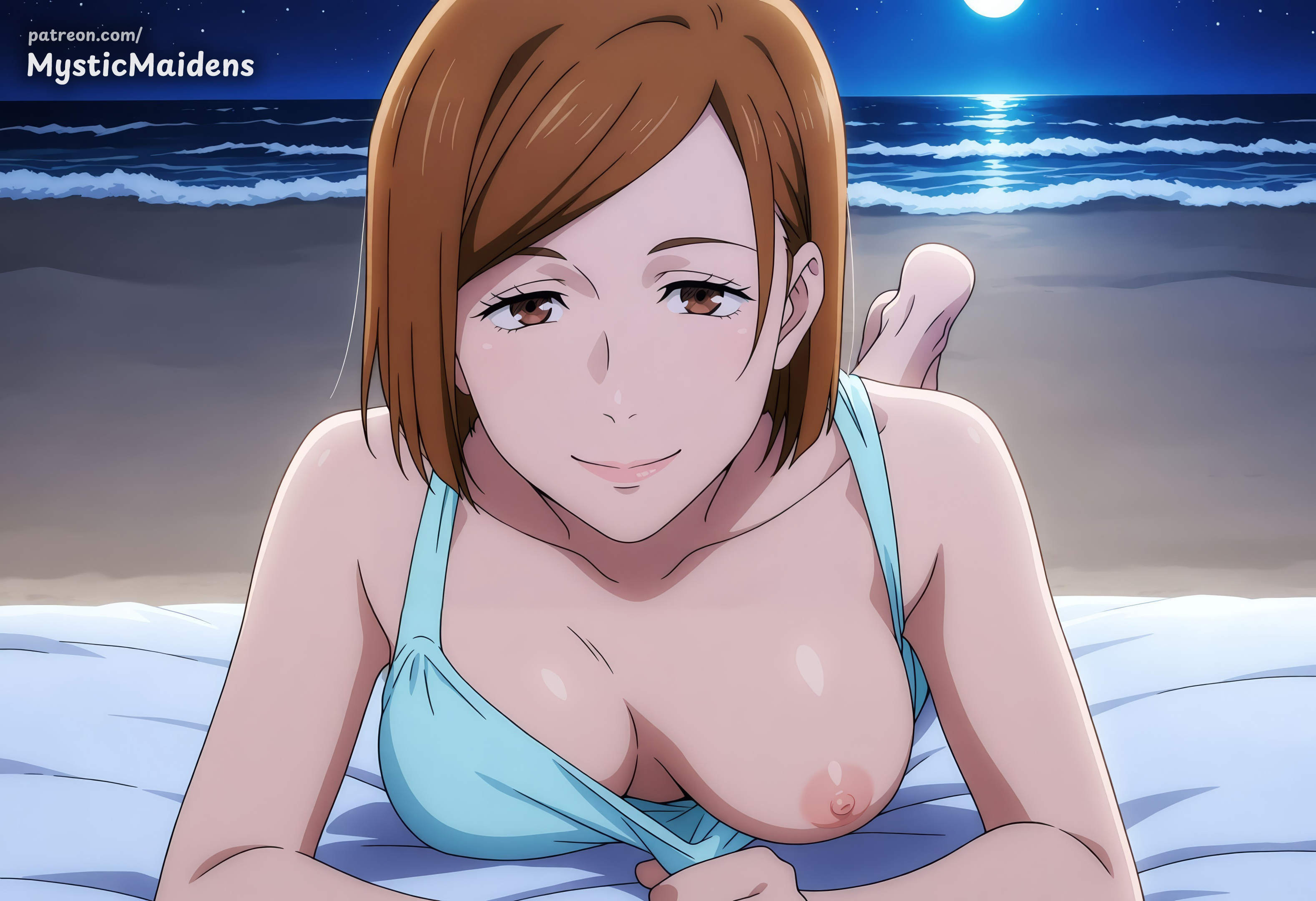 ai generated, anime, anime style, artist name, barefoot, beach, breasts, brown eyes, brown hair, closed mouth, clothes pull, collarbone, female, flashing, full moon, hentai, hi res, jujutsu kaisen, kugisaki nobara, looking at viewer, lying, medium breasts, moon, mystic maidens, night, night sky, nipples, nobara kugisaki, ocean, on stomach, one breast out, outdoors, patreon, sand, shirt pull, short hair, sky, smile, solo, swimsuit