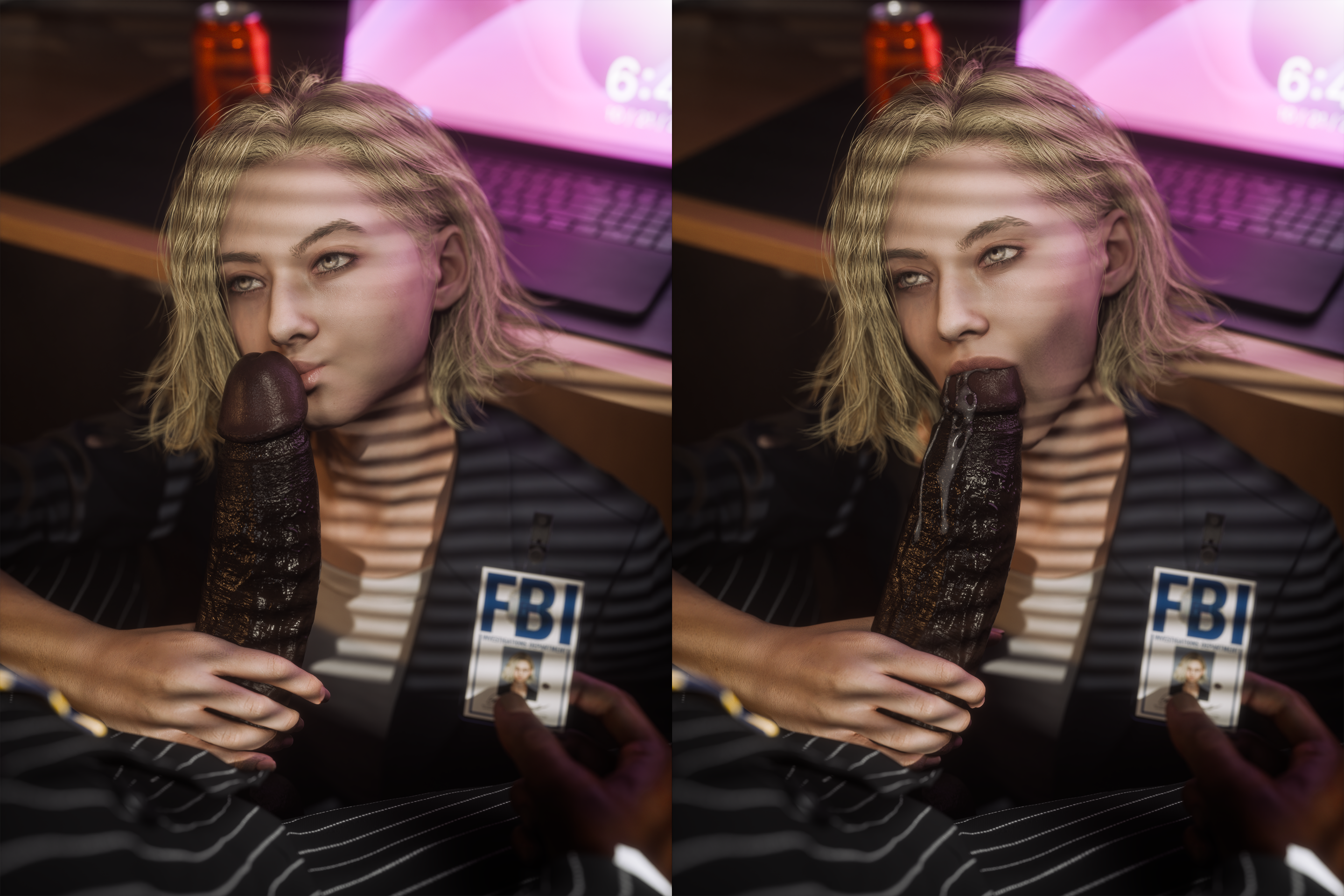 1boy, 1girls, 3d, big penis, blonde female, blonde hair, blowjob, blowjob face, clothing, computer, currysfm, dark skin, dark-skinned male, electronics, eyewear, fbi, fbi agent, fbi badge, fellatio, female, grace ashcroft, grace ashcroft (fbi outfit), grace ashcroft (julia pratt), handjob, huge cock, human, id card, indoors, interracial, kissing, kissing penis, laptop, large penis, light skin, light-skinned female, male, nathan dempsy, office, office clothing, office lady, oral, oral sex, pale skin, resident evil, resident evil 9: requiem, stroking penis, sucking, sucking penis, suit