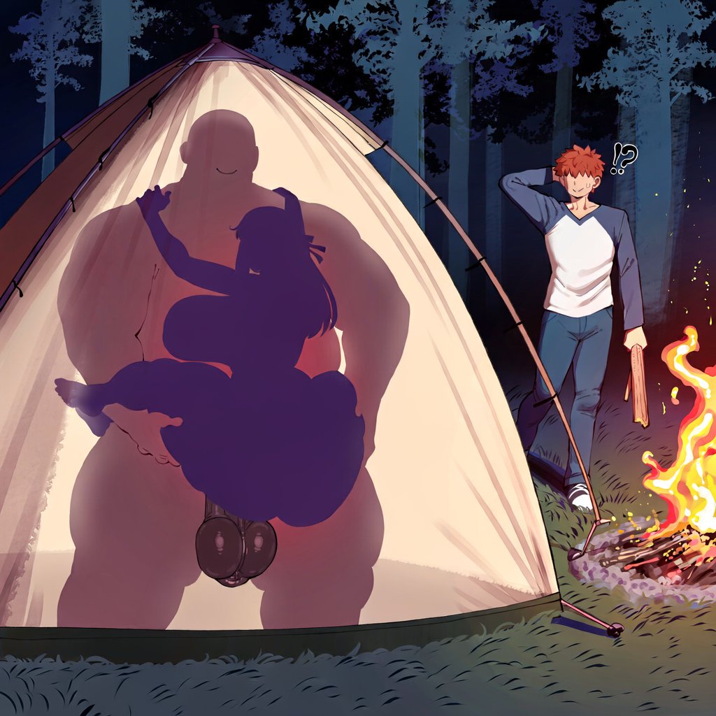ai generated, ambiguous penetration, ass, big ass, big balls, breasts, campfire, carrying partner, emiya shirou, fat male, fat man, fate (series), fate/stay night, female, holding partner, huge ass, huge balls, huge breasts, huge butt, ishimo, male, matou sakura, multiple males, netorare, outline, penis, silhouette, tent, thick thighs, woods