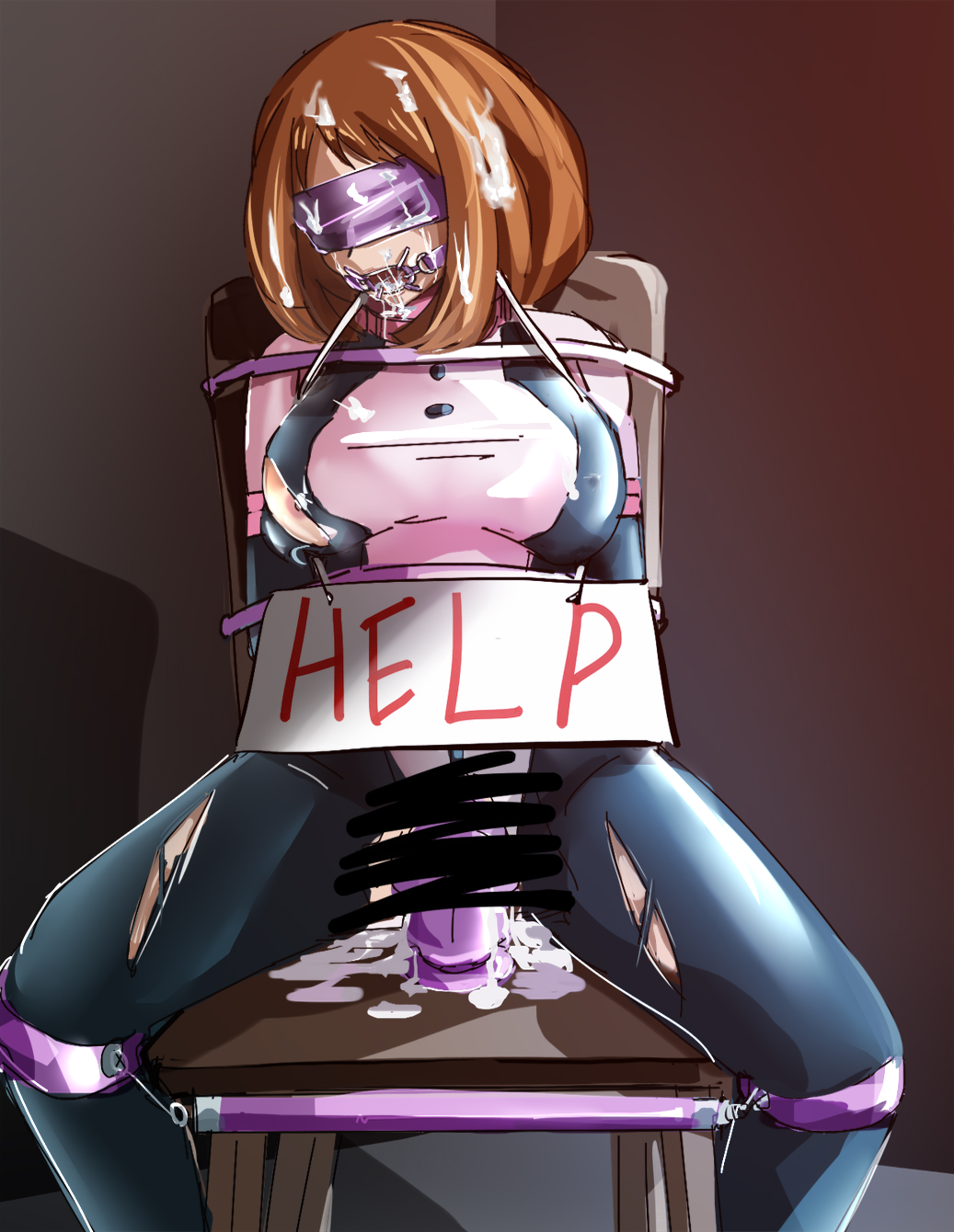 1girls, after rape, after sex, arms behind back, ball gag, black bodysuit, blindfold, bodysuit, boku no hero academia, bondage, bound, breasts, brown hair, captured, censored, chair, covered eyes, cruelty, cum, cum on body, cum on hair, dildo, facial, facing viewer, female, female focus, female only, gag, gagged, helpless, hero outfit (mha), highres, large breasts, multicolored bodysuit, my hero academia, ochaco uraraka, ochako uraraka, ochako uraraka (hero outfit), on chair, pink bodysuit, raitaroo, sex toy, short hair, sidelocks, sign, sitting, solo, spread legs, spreader bar, superhero costume, superheroine costume, tears, teenager, torn clothes, uraraka ochako, uraraka ochako (hero outfit), white bodysuit