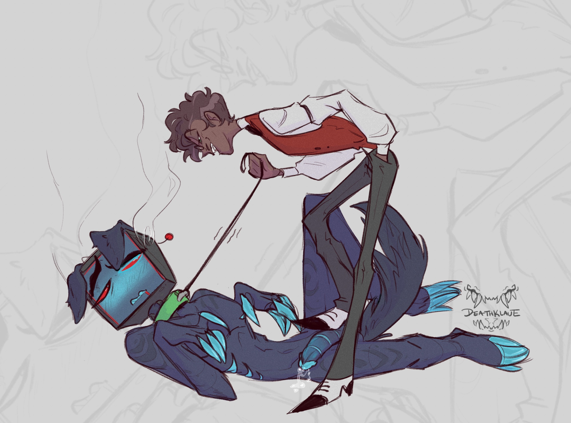 2boys, alastor (hazbin hotel), blue body, blue skin, brown hair, claws, clothed, collar, dark skin, dark-skinned male, deathklaue, dog ears, dog tail, gay, glasses, grey background, hazbin hotel, human alastor (hazbin hotel), leaking precum, leash, leash and collar, leash pull, moustache, naked, nipples, nude, older male, penis, petplay, precum, sharp claws, sharp teeth, simple background, stepped on, stepping on penis, thick eyebrows, vox (hazbin hotel), yaoi