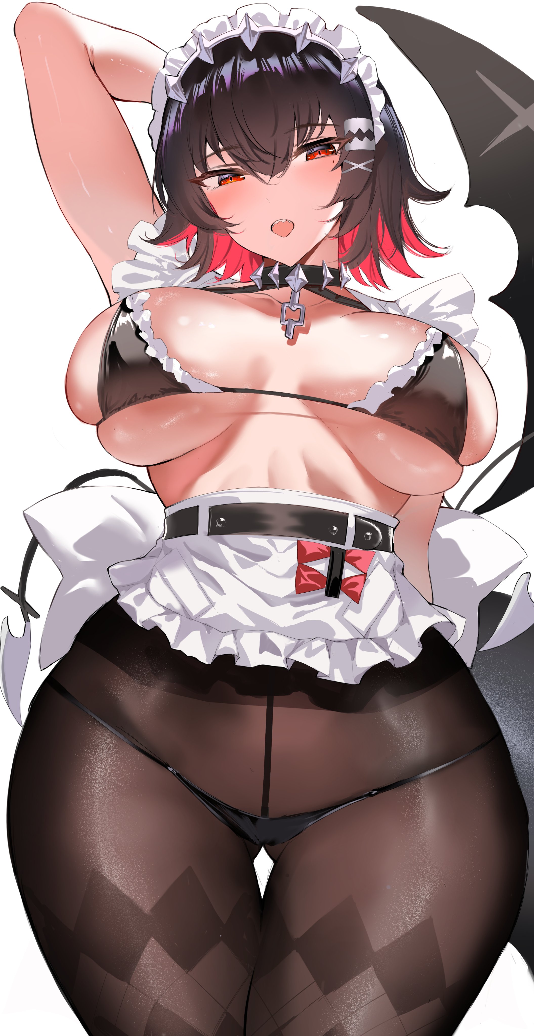 arm behind back, arm behind head, ass visible through thighs, black pantyhose, blush, child bearing hips, ellen joe, huge ass, huge breasts, maid bikini, open mouth, pantyhose, seductive look, shark tail, shiben (ugvu5784), shibenc16e4, thick thighs, unconventional maid, victoria housekeeping, wide hips, zenless zone zero