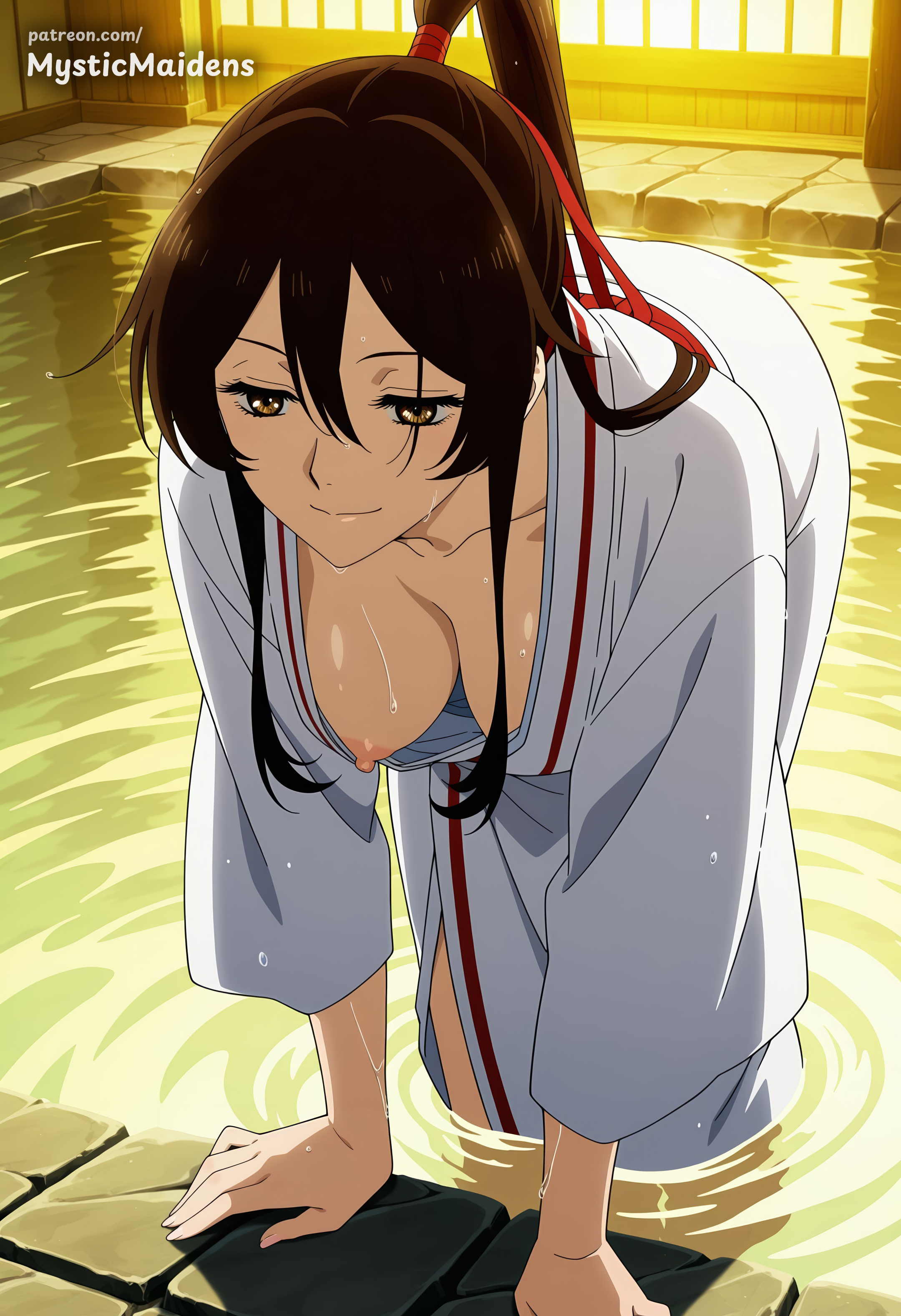 ai generated, all fours, anime, anime style, bent over, black hair, breasts, brown eyes, brown hair, closed mouth, collarbone, downblouse, female, hair between eyes, hair ribbon, hanging breasts, hentai, hi res, japanese clothes, jigokuraku, kimono, large breasts, leaning forward, long hair, looking down, medium breasts, mystic maidens, nipple slip, nipples, onsen, patreon, ponytail, red ribbon, ribbon, sidelocks, smile, solo, wading, water, wet, white kimono, yamada asaemon sagiri
