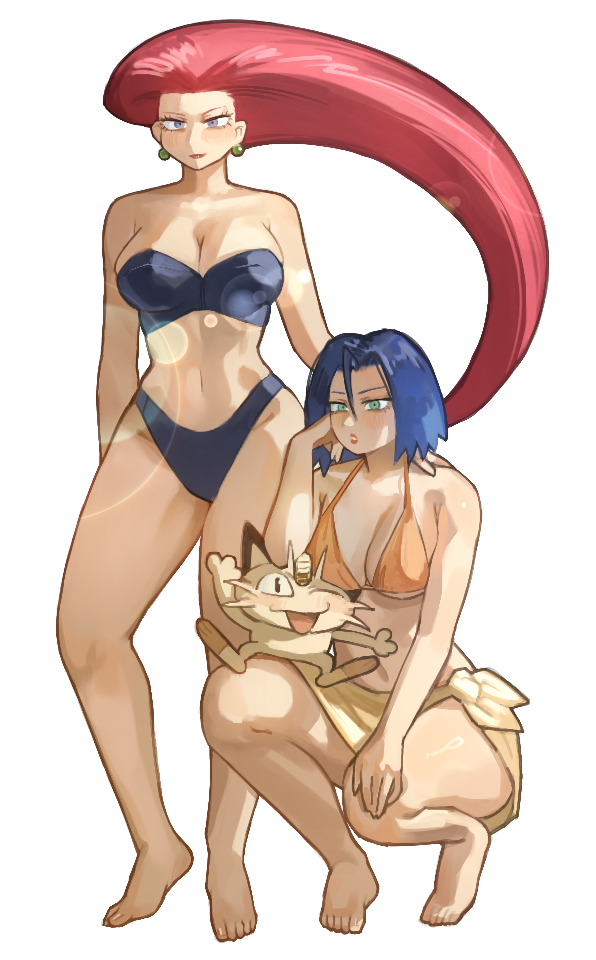 1boy, 1boy1girl, 1girls, blue hair, crossdressing, cute, james (pokemon), jessie (pokemon), male, meowth (team rocket), miaojiangyou, red hair, swimwear, team rocket