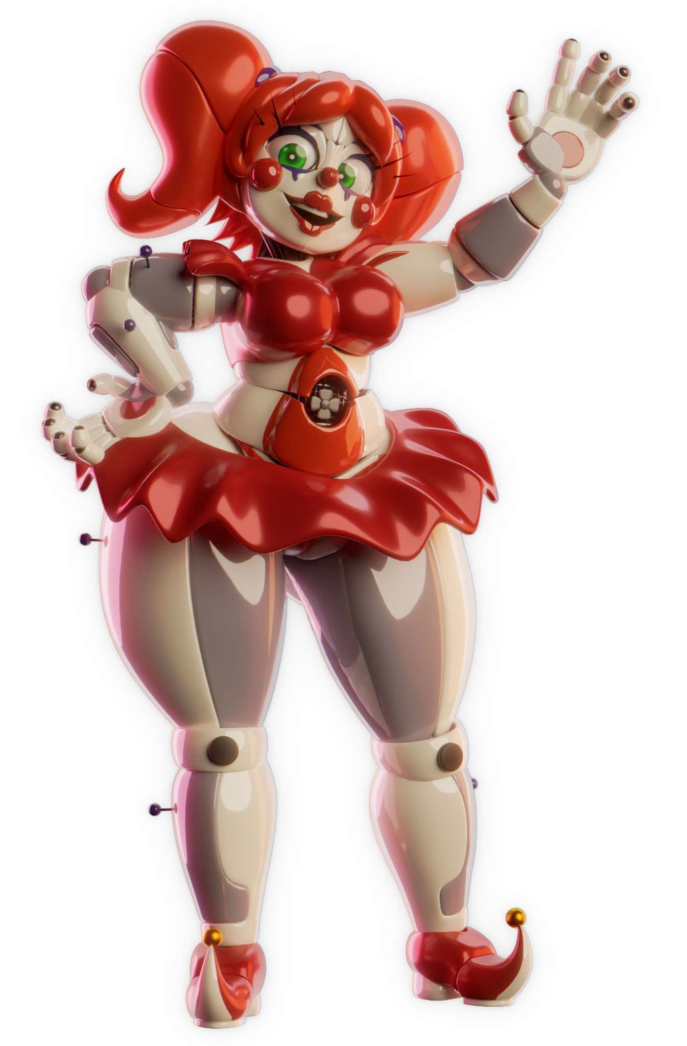1girls, 3d, 3d (artwork), 3d model, 3d render, animatronic, animatronic female, baby (fnafsl), circus baby, circus baby (cosmic trance), circus baby (fnaf), clothed, clothed female, clothing, clown, clown girl, cosmic trance, female, female focus, female only, five nights at freddy's, five nights at freddy's: sister location, green eyes, looking at viewer, panties, revealing, revealing clothes, robot, robot girl, robot humanoid, solo, solo female, solo focus, waving, waving at viewer, white background