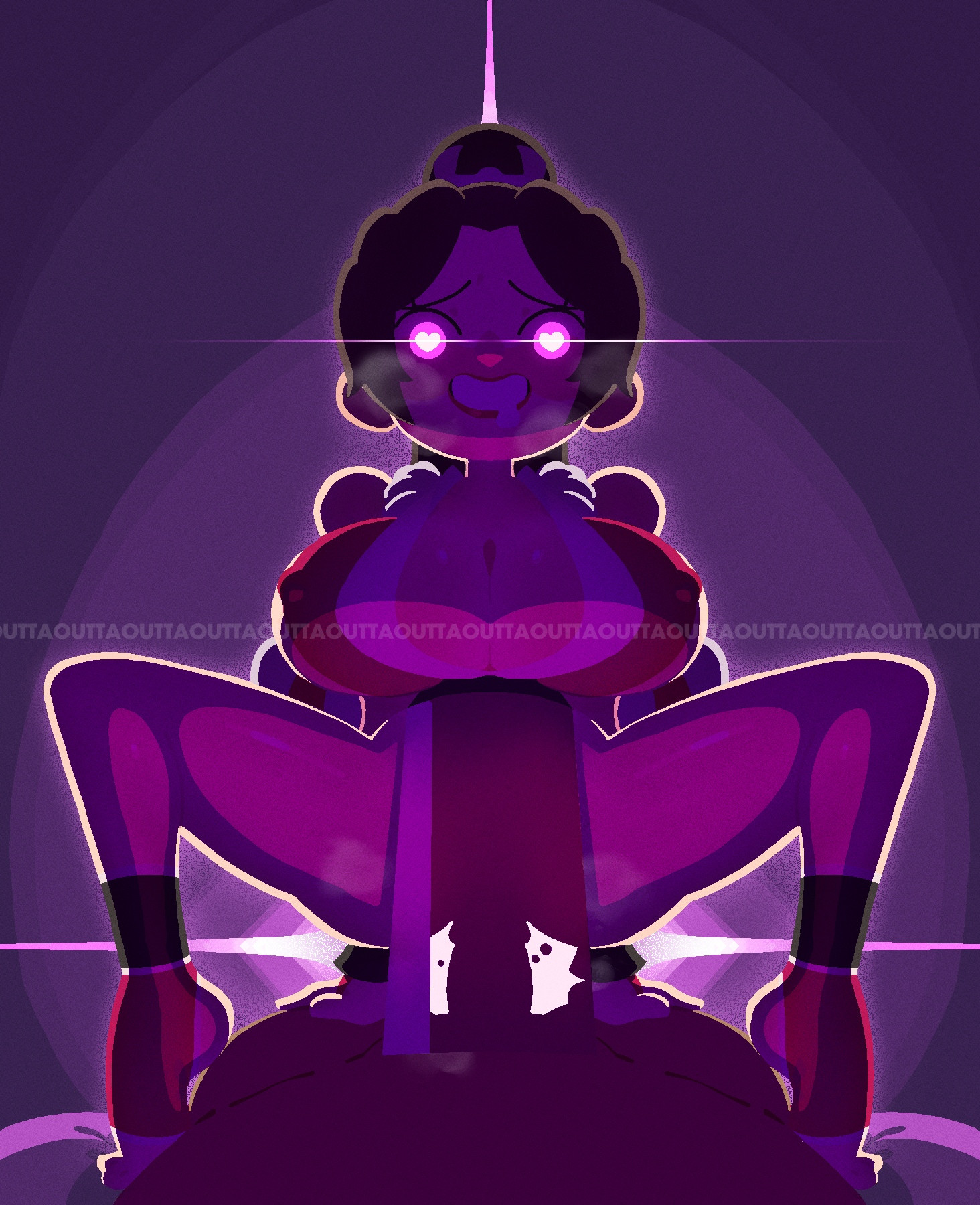 1boy, 1girls, 2026, big breasts, brown hair, cowgirl position, fatal fury, female, female focus, glowing eyes, grin, heart symbol, heart-shaped pupils, king of fighters, mai shiranui, male, male on female, outtaoutta, penis, pink eyes, purple background, riding, riding penis, sex, snk, thick thighs, thighs