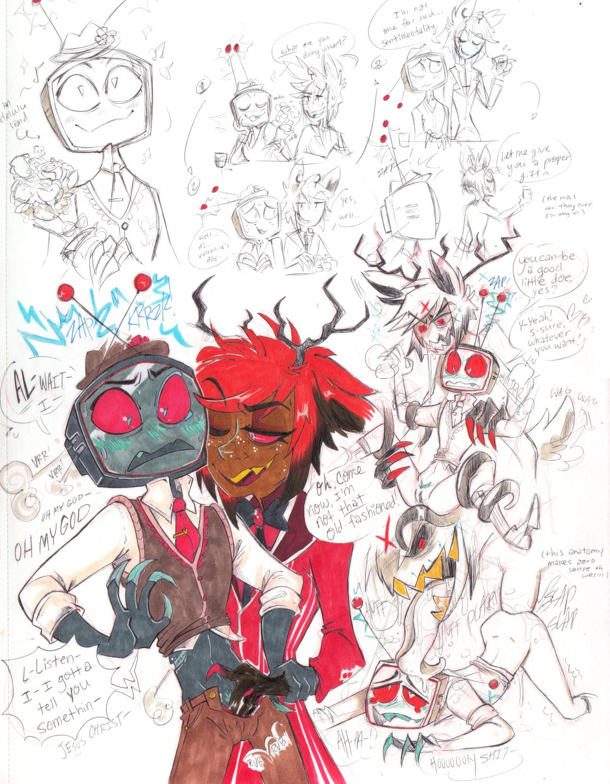1boy, 1cuntboy, alastor (hazbin hotel), ambiguous penetration, animal ears, antennae (anatomy), antlers, blue body, blue skin, blush, blushing, claws, cuntboy, cuntboy/male, dark skin, dark-skinned male, deer, demon, embarrassed, english, english text, from behind, from behind position, gay, gills, hat, hazbin hotel, penetration, planchette, pussy, red eyes, red hair, sex, sharp teeth, simple background, size difference, sketch, tail, tentacle, trans man, transmasc, tv head, vox (hazbin hotel), white background, yaoi