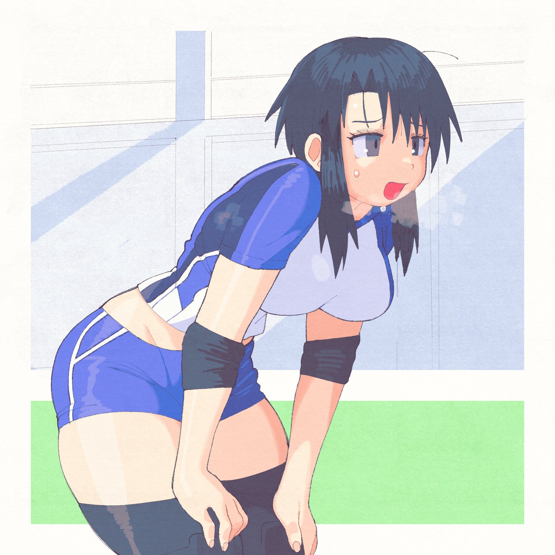 1girls, alternate costume, azumanga daiou, black hair, breasts, breath, clothed, clothing, cowboy shot, curvy, dengeki daioh, elbow pads, female, heavy breathing, inkerton-kun, inkuusan, kneepads, large breasts, leaning forward, nyamo minamo kurosawa, shorts, skindentation, solo, solo female, sportswear, stockings, sweat, sweatdrop, thick thighs, thighs, tight clothing, uniform, volleyball uniform, wide hips