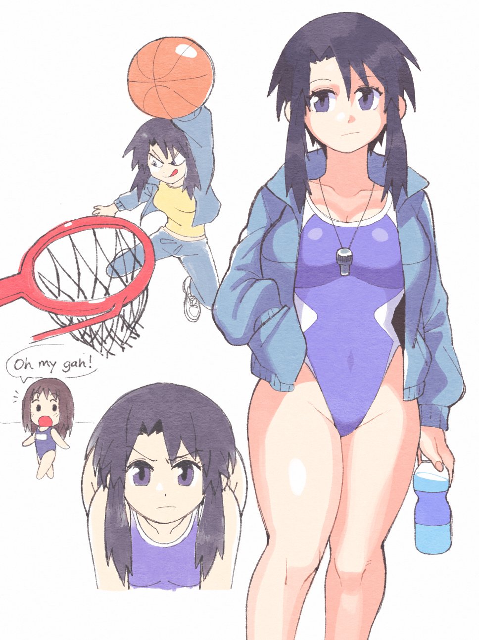 2girls, azumanga daiou, ballin, basketball, bent over, black hair, cleavage, clothed, clothing, competition swimsuit, covered navel, curvy, dengeki daioh, english, english text, front facing with ass, highleg, highleg one-piece swimsuit, highleg swimsuit, inkerton-kun, inkuusan, jacket, leaning forward, looking at viewer, medium breasts, nyamo minamo kurosawa, one-piece swimsuit, open jacket, osaka ayumu kasuga, please look forward to it, school swimsuit, speech bubble, standing, swimsuit, swimsuit under clothes, teacher, wide hips