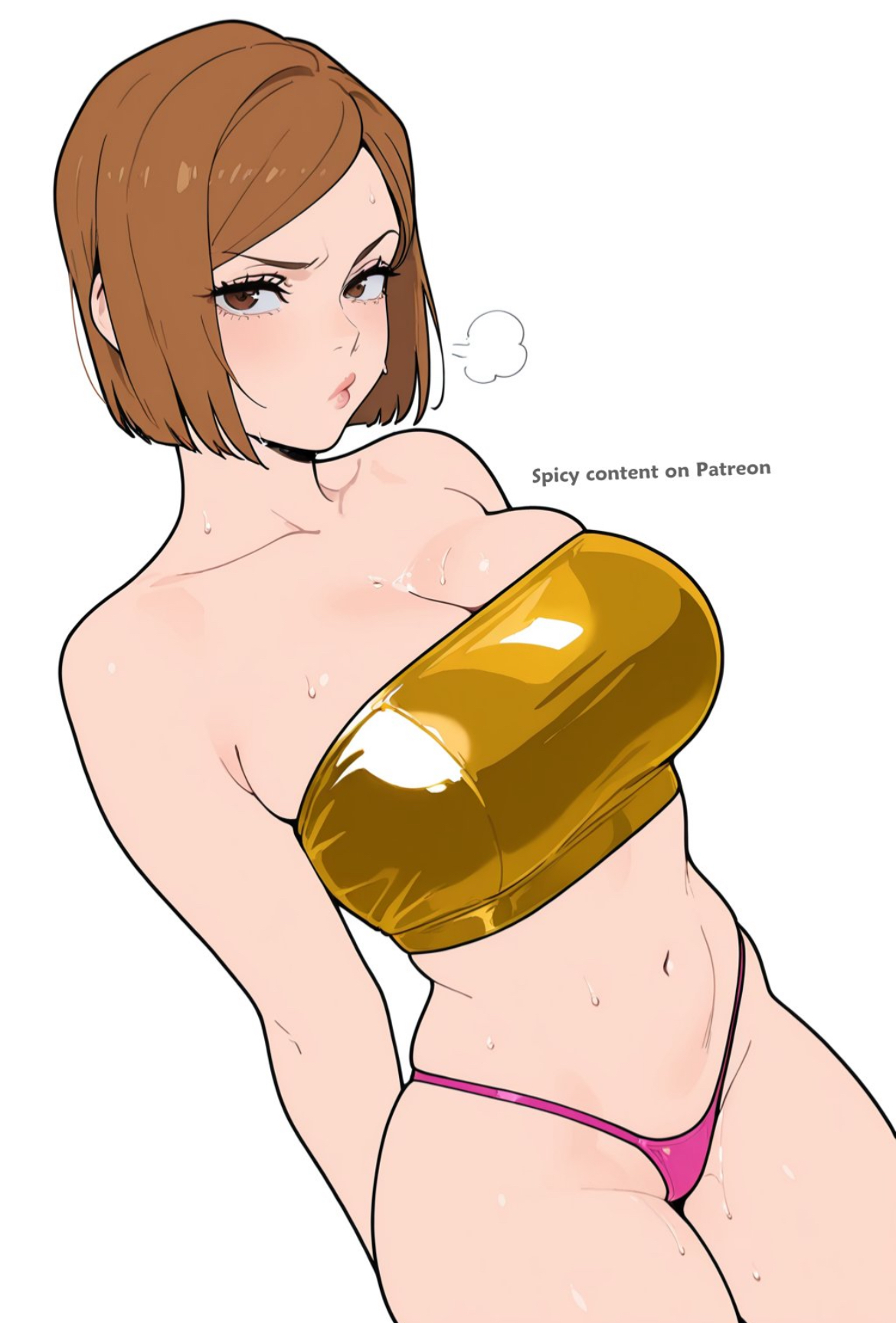 1girls, ai generated, big breasts, bob cut, brown hair, curvy female, female, female only, hands behind back, juicy lips, jujutsu kaisen, kawaii waifus, kugisaki nobara, midriff, panties, short hair, solo, thick thighs, topwear, wide hips
