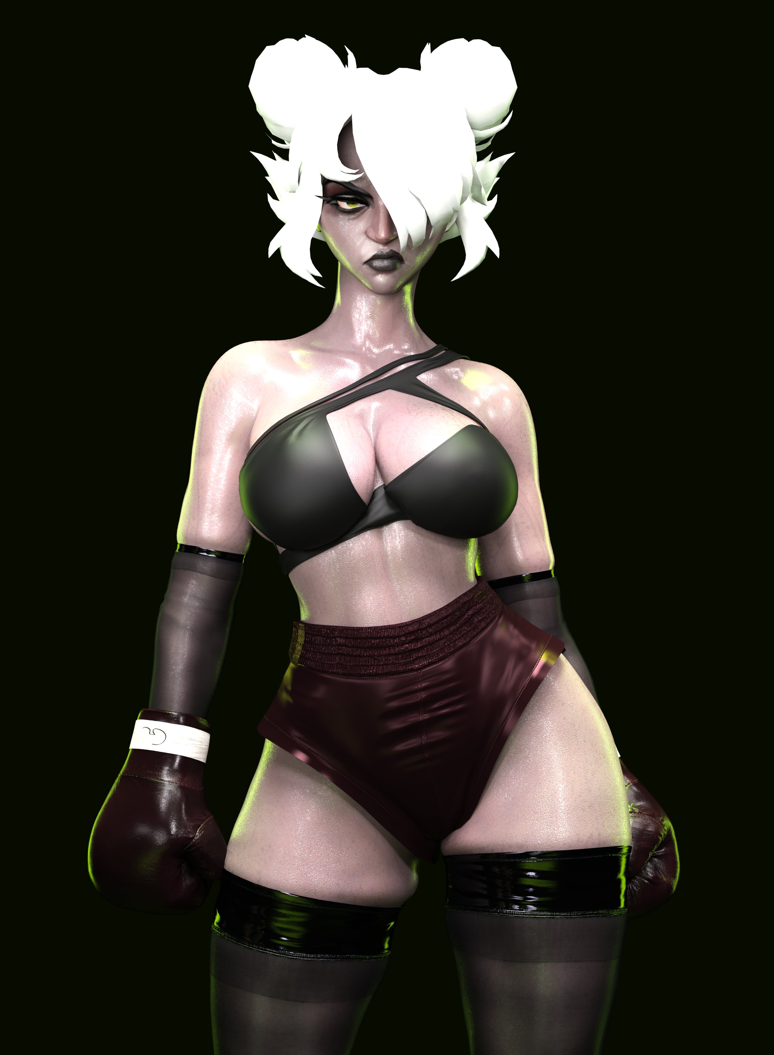 1girls, 3d, 3d (artwork), black boxing gloves, black gloves, black lipstick, boxing gloves, deadlock, female, female only, gloves, graves (deadlock), invadermurilox, solo, sweaty, thighhighs, thighs