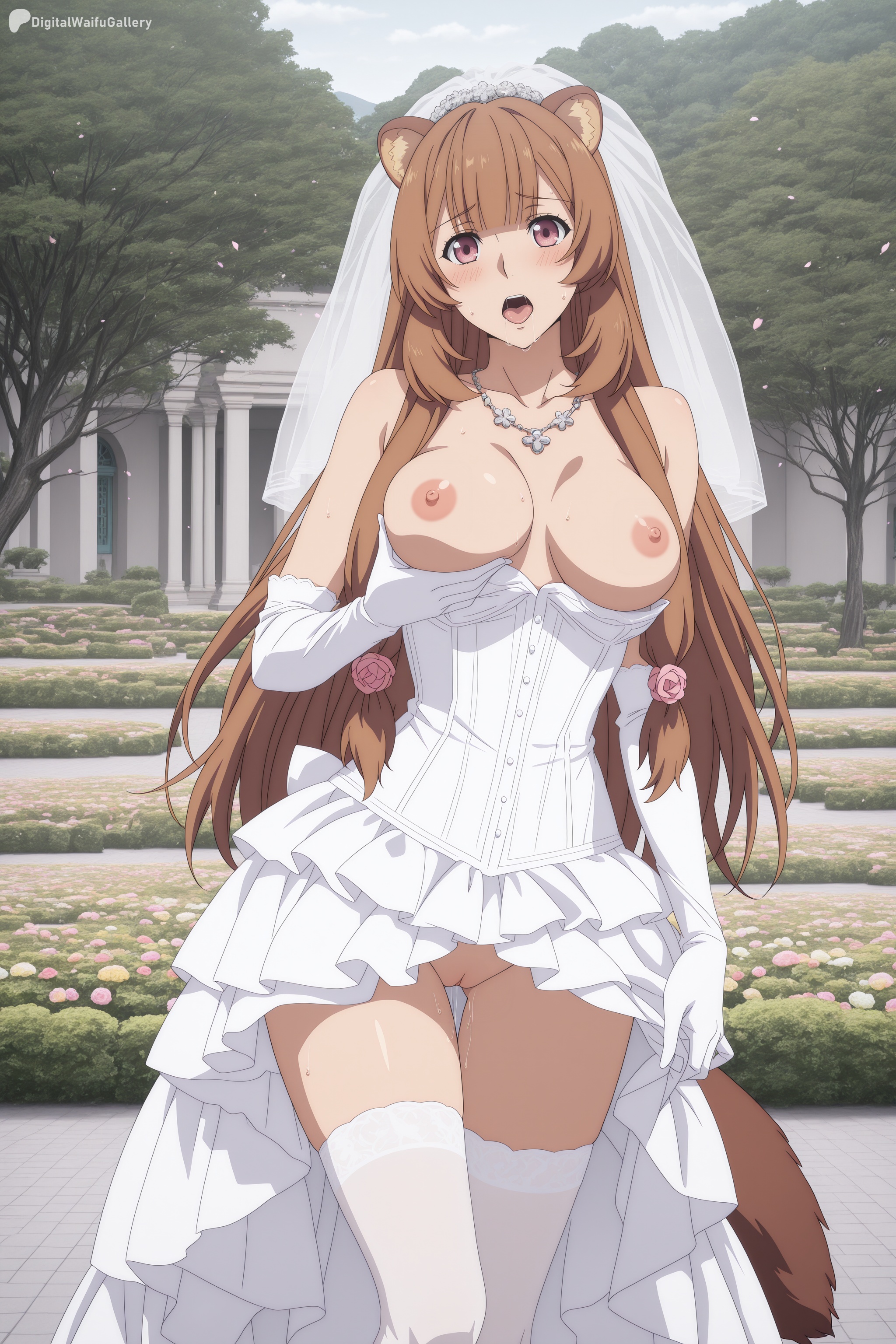 ai generated, animal ears, ass visible through thighs, bangs, bare shoulders, blush, breasts, breasts outside, brown hair, day, digitalwaifugallery, dress, elbow gloves, eyebrows visible through hair, female, female only, gloves, hi res, high quality, high resolution, large breasts, long hair, looking at viewer, nipples, no panties, oerba yun fang, open mouth, outdoors, patreon, pussy, raccoon ears, raccoon girl, raccoon tail, raphtalia, seductive, sexy, solo, standing, sweat, tail, the rising of the shield hero, thighhighs, uncensored, watermark, white gloves, white legwear