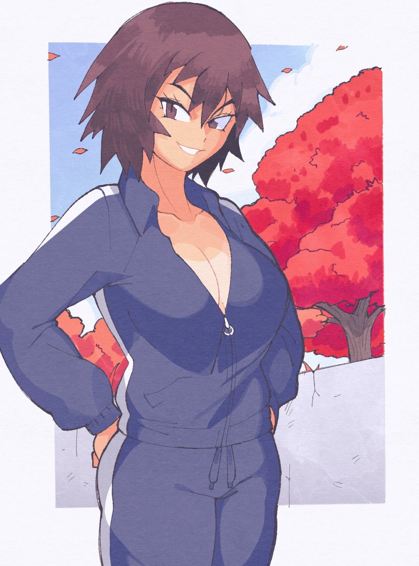 1girls, azumanga daiou, breasts, brown hair, cleavage, clothed, clothing, cowboy shot, dengeki daioh, female, inkerton-kun, inkuusan, jacket, kagura (azumanga daiou), large breasts, looking at viewer, no bra, outside, pants, partially undressed, sfw, short hair, smile, smiling at viewer, solo, solo female, tan body, tan skin, tanline, track jacket, track pants