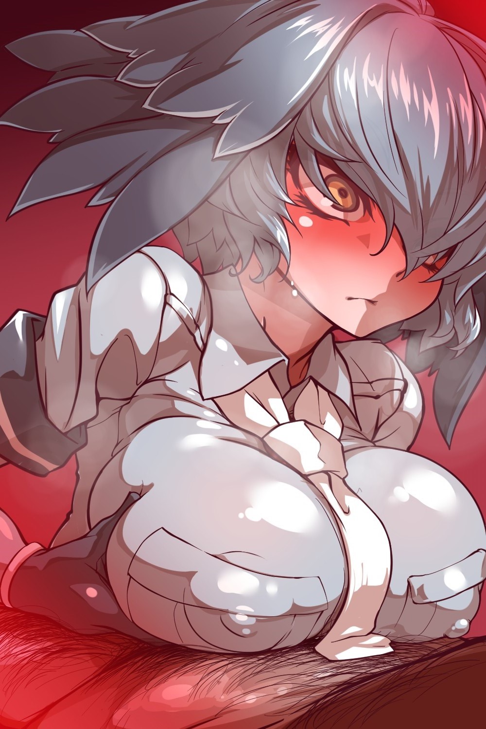 1boy blush clothed_female_nude_male erect_nipples female highres kemono_friends male necktie nude paizuri paizuri_under_clothes shoebill_(kemono_friends) silver_hair wanaata