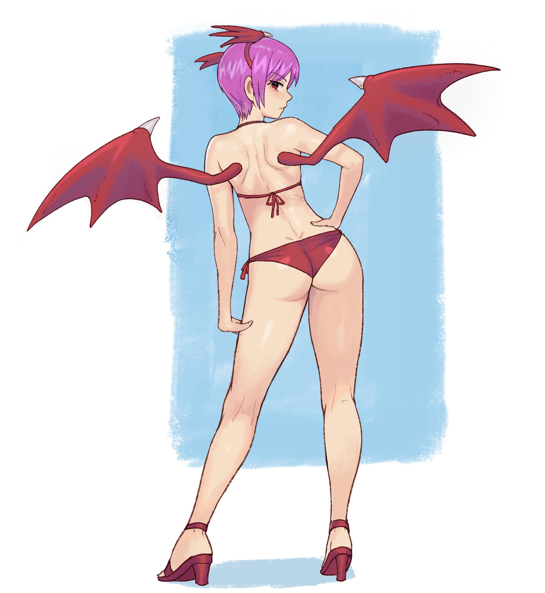 1girls, ass, ass cleavage, ass focus, back, back muscles, back view, bare shoulders, bat wings, bikini, bikini bottom, bikini top, blush, calves, capcom, cute, darkstalkers, demon, demon girl, feet, female, female focus, hand on hip, headwings, heels, high heels, hollow watcher, legs, light skin, light-skinned female, lilith (darkstalkers), lilith aensland, long legs, looking back, pale skin, pale-skinned female, petite, petite body, petite female, pink hair, pose, posing, rear view, red bikini, red eyes, red high heels, red wings, short hair, shoulder blades, shoulders, side profile, skimpy, skimpy bikini, skimpy outfit, skinny, skinny female, slim, slim waist, small waist, smooth skin, solo, standing, succubus, succubus wings, thin waist, watcher hollow, white skin, wings