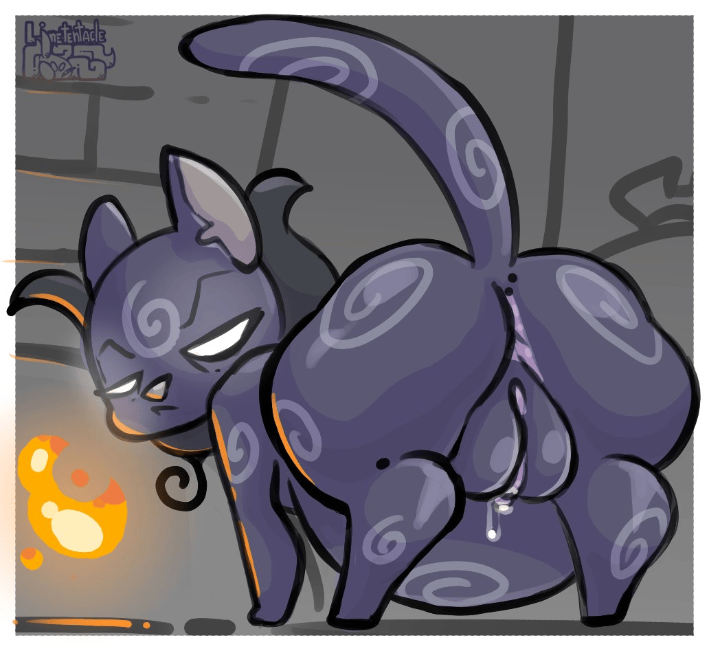 all fours, anus, ass, big butt, big pussy, bodily fluids, clitoris, domestic cat, dripping, empty eyes, eyelashes, felid, feline, felis, female, feral, fire, fur, genital fluids, genitals, glowing, glowing eyes, limetentacle, looking at viewer, looking back, looking back at viewer, lucy (mewgenics), mammal, markings, mewgenics, no pupils, plump labia, pregnant, pregnant female, presenting, presenting hindquarters, presenting vulva, purple body, purple fur, raised tail, rear view, solo, tail, thick thighs, toony, vaginal fluids, vulva, white eyes, wide hips
