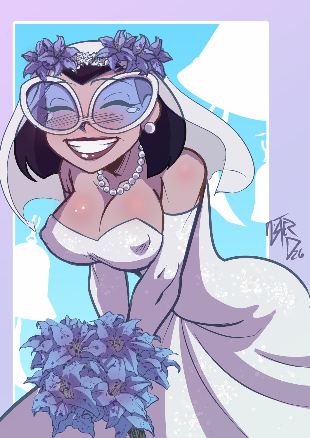 artist signature, bells, big breasts, black hair, breasts, bride, earring, elbow gloves, erect nipples under clothes, eyes closed, glasses, gloves, mister d, necklace, nickelodeon, pearl necklace, the fairly oddparents, tootie, wedding bells, wedding bouquet, wedding dress, wedding veil