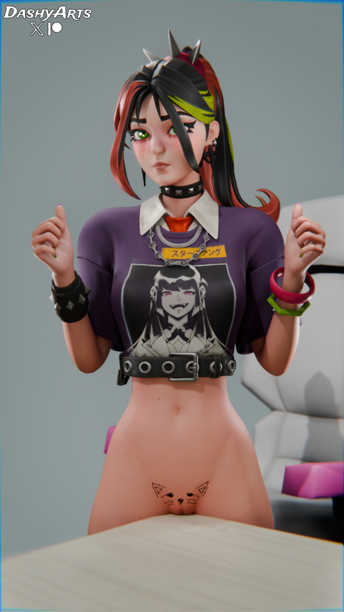 1girls, 2026, 3d, 3d (artwork), alternate version available, blender, bottomless, cat face, dashyarts, do you want to pet my cat (meme), epic games, female, female focus, female only, fortnite, fortnite: battle royale, green eyes, half naked, half-dressed, helsie (fortnite), light skin, light-skinned female, looking at viewer, meme, multicolored hair, petite, petite body, petite female, ponytail, presenting, presenting pussy, puffy pussy, pussy, pussy lips, shaved crotch, shaved pussy, showing off, slim waist, tease, teasing, teasing viewer, topwear, vagina, watermark