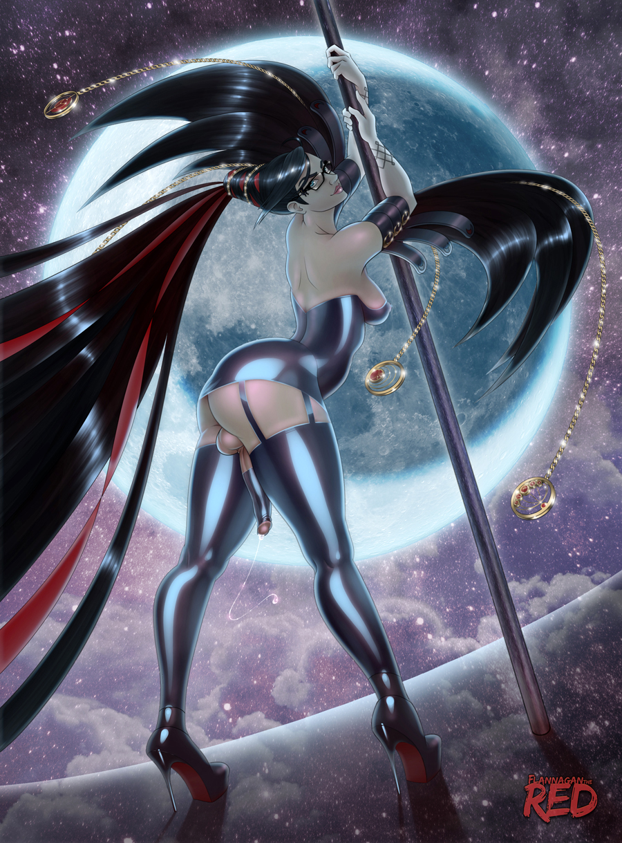 1futa, ass, balls, bayonetta, bayonetta (character), bayonetta 2, black hair, breasts, cleavage, cum, erection, flannaganthered, futa only, futanari, garter belt, glasses, high heels, intersex, latex, long hair, looking at viewer, nintendo, penis, precum, precum drip, solo, testicles, thighhighs