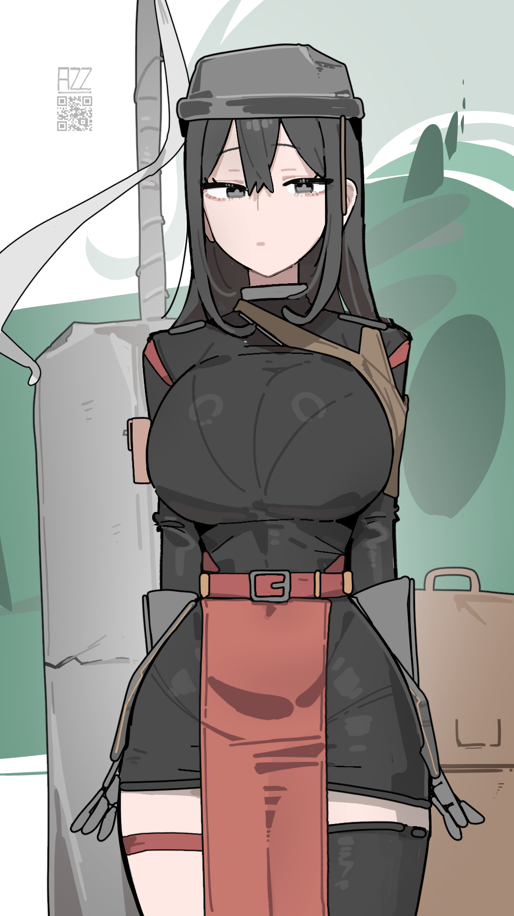 1girls, 2026, artist name, azz0422, big breasts, black eyes, black hair, breasts, closed mouth, clothed, clothing, color, colored, curvy, curvy female, curvy figure, digital media (artwork), emotionless, emotionless female, female, female only, front view, fully clothed, hair, hi res, light skin, light-skinned female, looking at viewer, qr code, solo, thick thighs, thighs