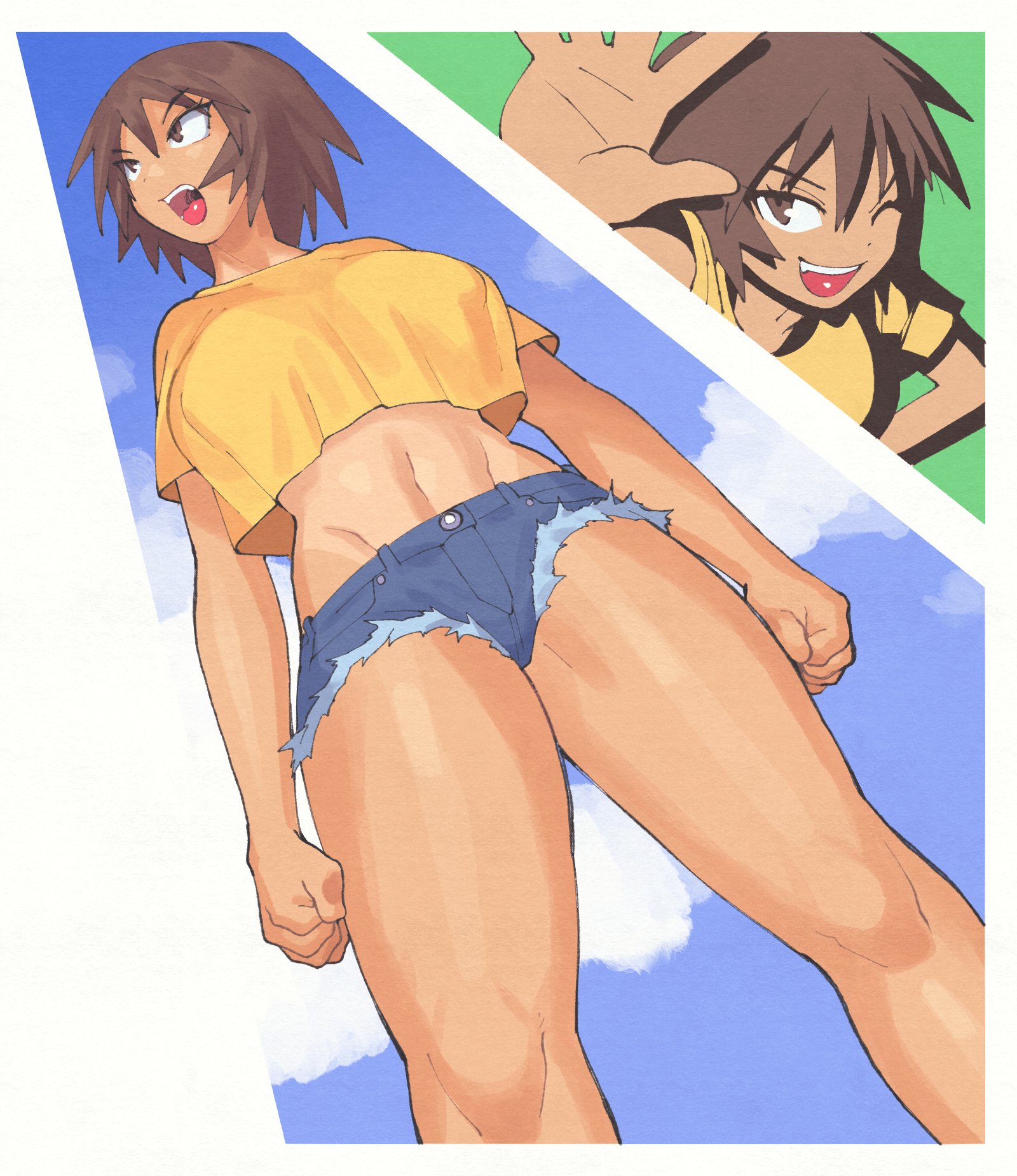 1girls, azumanga daiou, clothed, clothing, cowboy shot, crop top, dengeki daioh, dutch angle, female, inkerton-kun, inkuusan, kagura (azumanga daiou), looking at viewer, looking away, midriff, navel, nipple bulge, outside, sfw, short hair, short shorts, shorts, solo, solo female, standing, tan body, tan skin, tanline, tanlines, tanned female, thighs, toned