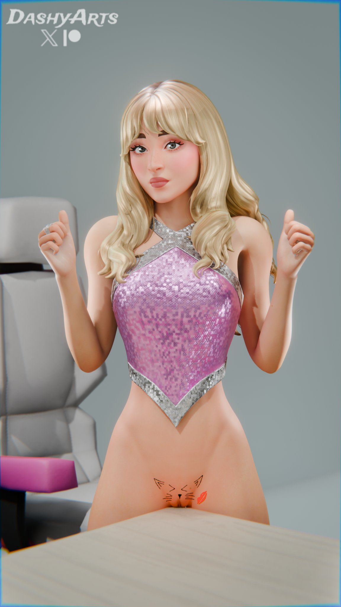 1girls, 2026, 3d, 3d (artwork), alternate version available, blender, blonde female, blonde hair, bottomless, cat face, celebrity, dashyarts, do you want to pet my cat (meme), epic games, female, female focus, female only, fortnite, fortnite: battle royale, fortnite: festival, half naked, half-dressed, light skin, light-skinned female, looking at viewer, meme, petite, petite body, petite female, presenting, presenting pussy, puffy pussy, pussy, pussy lips, real person, sabrina carpenter, sabrina carpenter (fortnite), shaved crotch, shaved pussy, showing off, slim waist, tease, teasing, teasing viewer, topwear, vagina, watermark