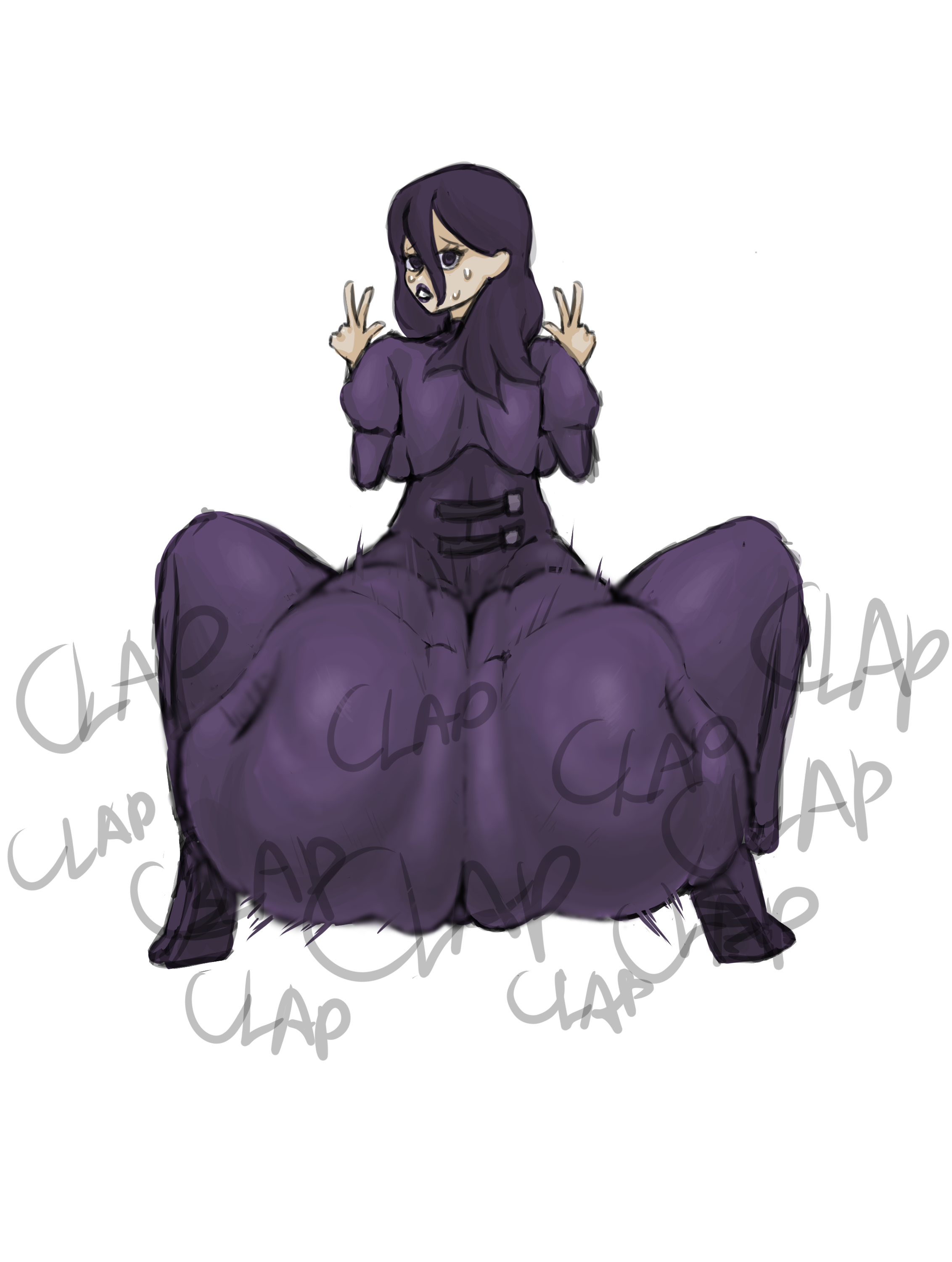 1girls, ass, ass bigger than head, ass body, ass focus, back view, bottom heavy, clapping ass, double v, dress, fat ass, female, female only, game freak, hex maniac, hex maniac (pokemon legends: z-a), huge ass, looking at viewer, looking back, looking back at viewer, massive ass, mig3120, nintendo, pantylines, pokemon, pokemon legends: z-a, purple clothing, purple dress, purple eyes, purple hair, purple lipstick, squatting, sweat, twerking, white background
