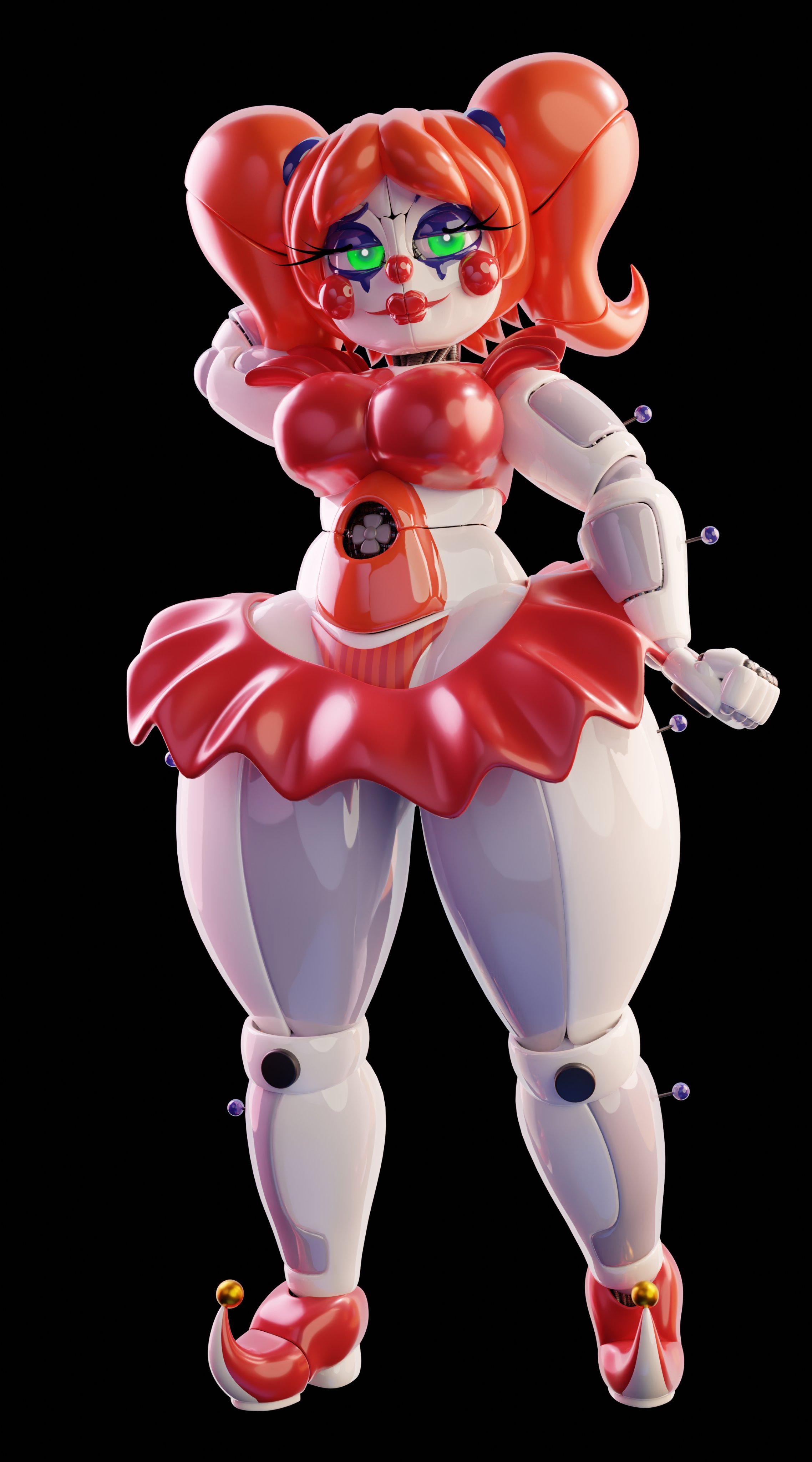 1girls, 3d, 3d (artwork), 3d model, 3d render, animatronic, animatronic female, baby (fnafsl), circus baby, circus baby (cosmic trance), circus baby (fnaf), clothed, clothed female, clothing, clown, clown girl, cosmic trance, female, female focus, female only, five nights at freddy's, five nights at freddy's: sister location, green eyes, looking at viewer, panties, pose, revealing, revealing clothes, robot, robot girl, robot humanoid, solo, solo female, solo focus, white background