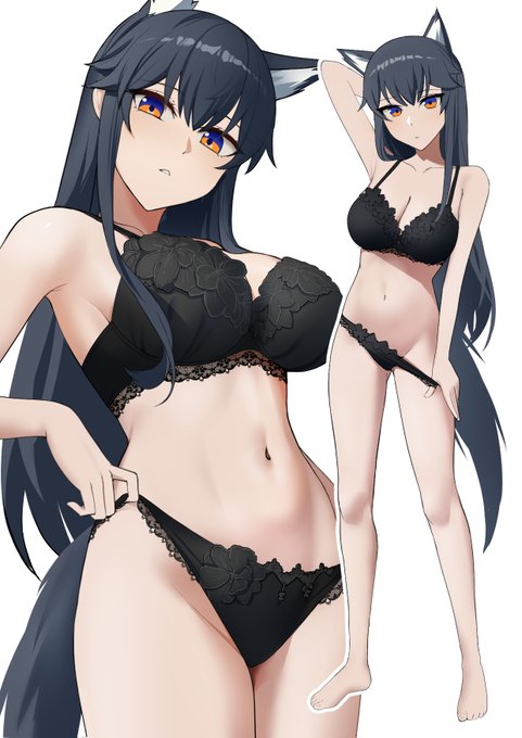 animal ears, arknights, belly, belly button, big breasts, blue hair, breasts, female, female only, kritta88, lingerie, lingerie only, long hair, looking at viewer, taking off panties, texas (arknights), underwear, underwear only