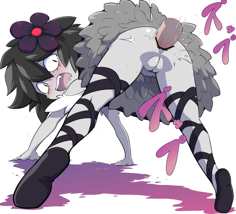 anal anus ass bar_censor black_hair censored disembodied_penis dress female flower full_body grey_skin hair_between_eyes hair_flower looking_back no_panties nollety odile_(pop'n_music) open_mouth penis pointless_censoring pop'n_music pop'n_music_17_the_movie pussy pussy_juice sex simple_background teeth white_background